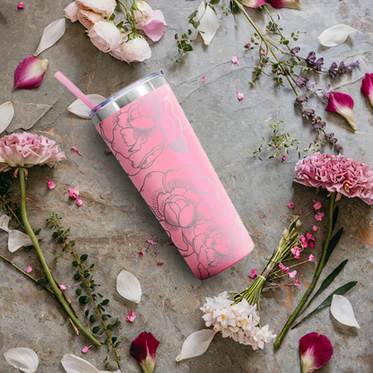 24 oz - Peony Flower - Full Wrap - Laser Engraved