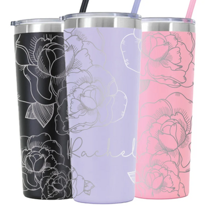 24 oz - Peony Flower - Full Wrap - Laser Engraved